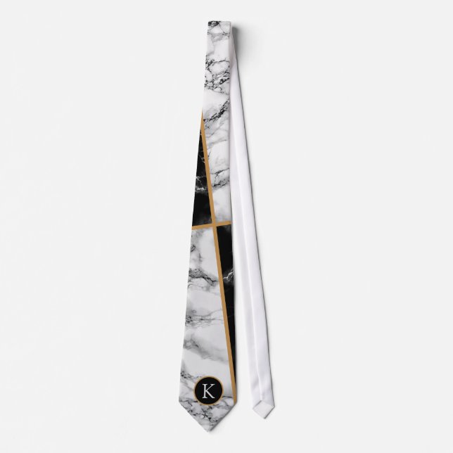 Monogram Personalized Neck Tie Black White Marble (Front)