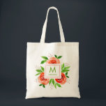 Monogram Personalized Peach Watercolor Floral Tote Bag<br><div class="desc">Peach to coral roses and leaves behind your name and initial, this tote bag is made of 100% natural material, ready to customize for the perfect gift or casual accessory. Versatile, trendy, and durable, a custom tote means you'll always look fashionable! Dimensions: 15.75" long x 15.25" wide. Also available with...</div>
