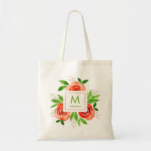 Monogram Personalized Peach Watercolor Floral Tote Bag