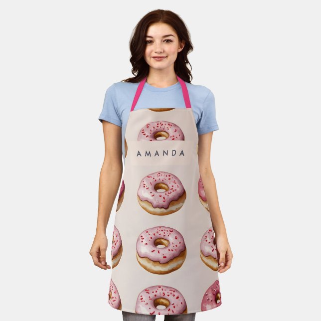 Monogram Personalized Pink Doughnut Pattern Apron (Worn)