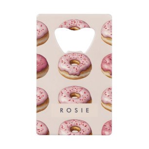 Monogram Personalized Pink Doughnut Pattern Credit Card Bottle Opener