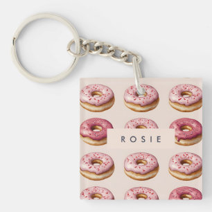 Monogram Personalized Pink Doughnut Pattern Keychain