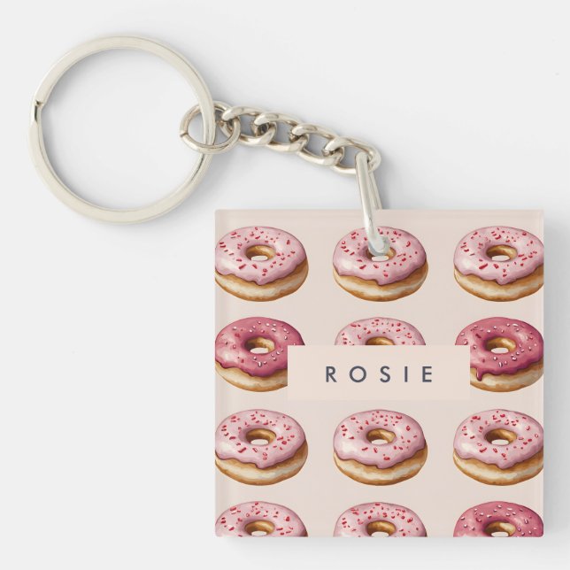 Monogram Personalized Pink Doughnut Pattern Keychain (Front)