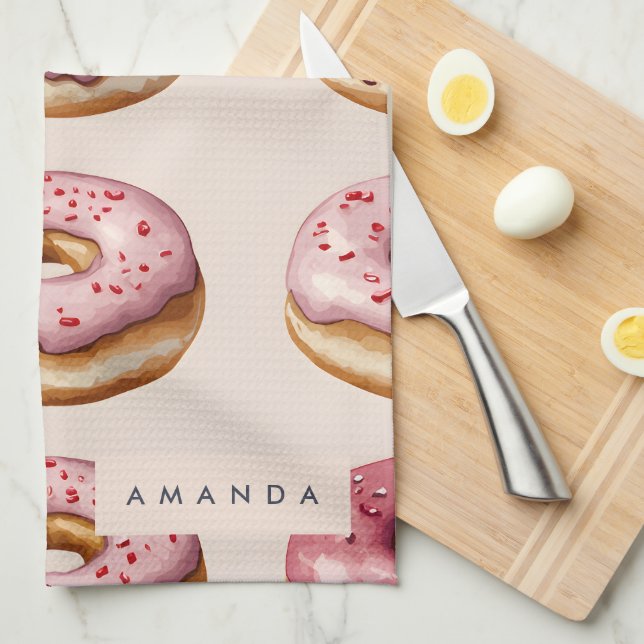 Monogram Personalized Pink Doughnut Pattern Kitchen Towel (Quarter Fold)