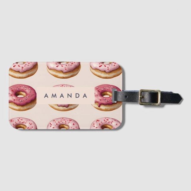 Monogram Personalized Pink Doughnut Pattern Luggage Tag (Front Horizontal)
