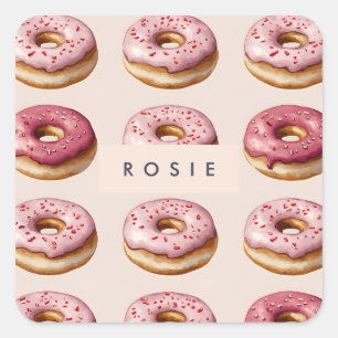 Monogram Personalized Pink Doughnut Pattern Square Sticker