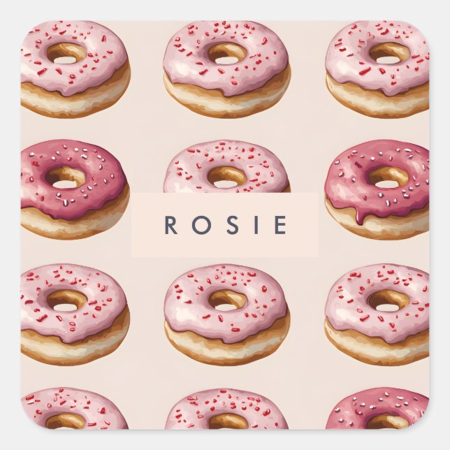 Monogram Personalized Pink Doughnut Pattern Square Sticker (Front)