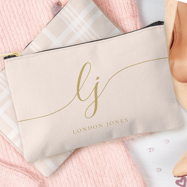 Monogram Personalized Pink Gold Initial Name Plaid Accessory Pouch (Creator Uploaded)