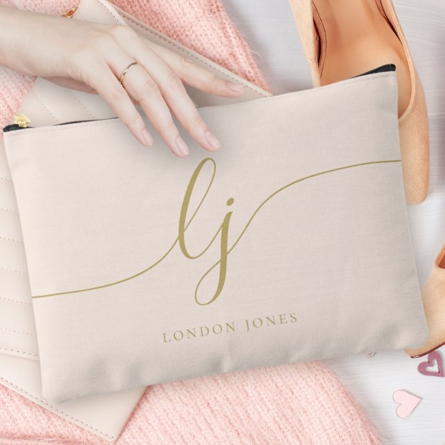 Monogram Personalized Pink Initial Name Pink Gold Accessory Pouch (Creator Uploaded)