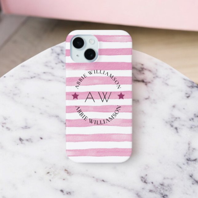 monogram personalized pink stripes  Case-Mate iPhone case (modern strips monogram phone case )