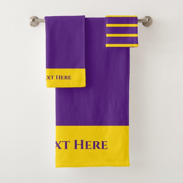 Monogram Personalized Purple Gold Yellow Striped  Bath Towel Set (Insitu)
