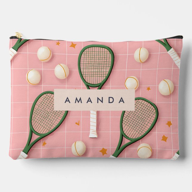 Monogram Personalized Retro Tennis Racket Pattern Accessory Pouch (Front)