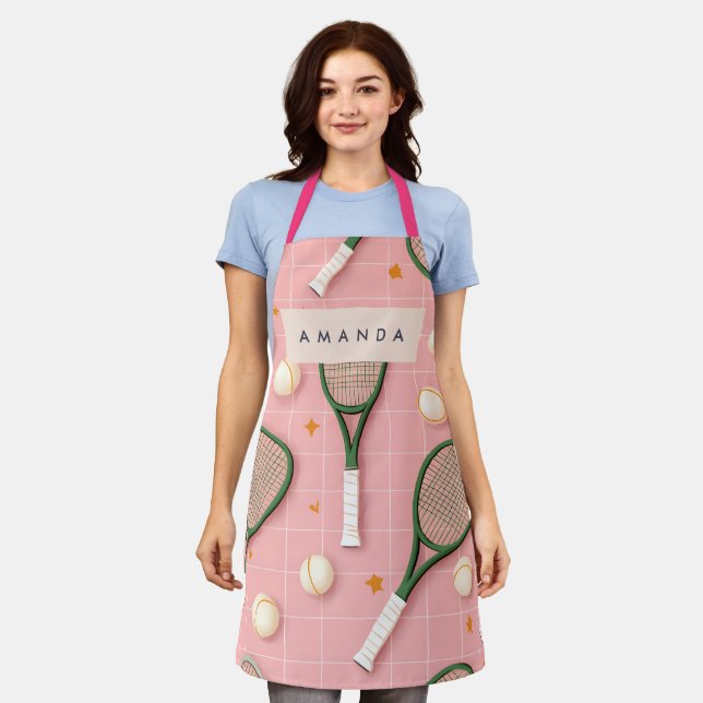 Monogram Personalized Retro Tennis Racket Pattern Apron (Worn)