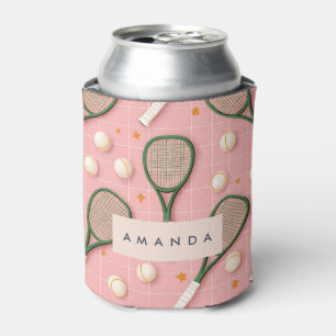 Monogram Personalized Retro Tennis Racket Pattern Can Cooler