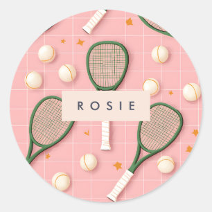 Monogram Personalized Retro Tennis Racket Pattern Classic Round Sticker