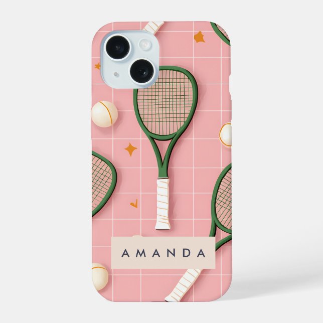 Monogram Personalized Retro Tennis Racket Pattern iPhone 15 Case (Back)