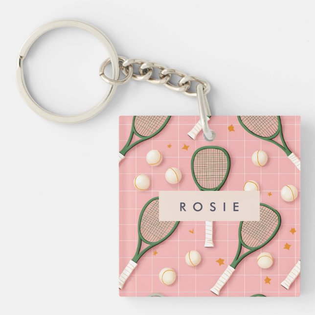 Monogram Personalized Retro Tennis Racket Pattern Keychain (Front)