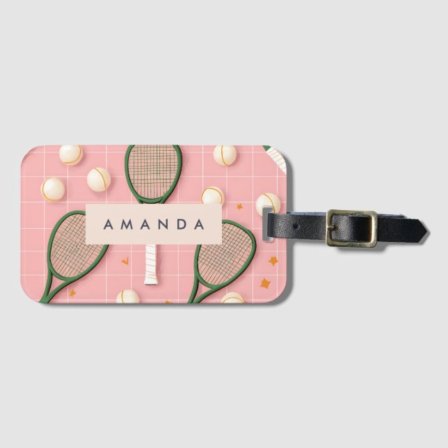 Monogram Personalized Retro Tennis Racket Pattern Luggage Tag (Front Horizontal)