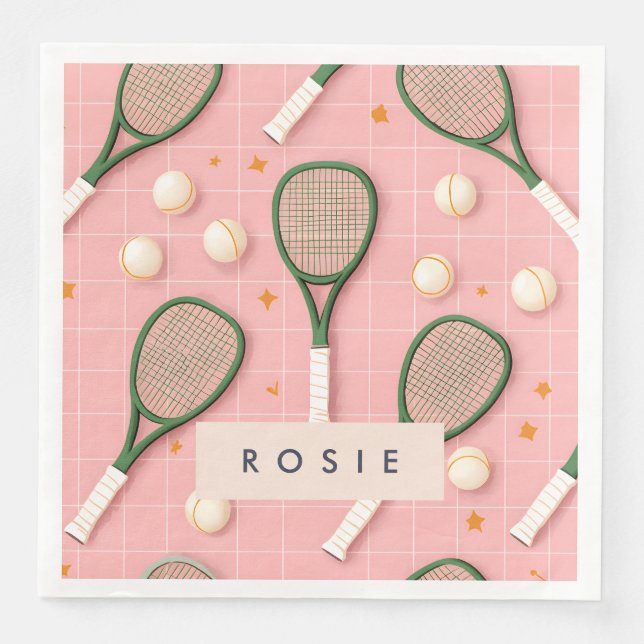 Monogram Personalized Retro Tennis Racket Pattern Napkin (Front)