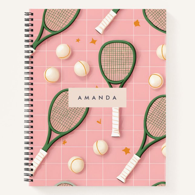 Monogram Personalized Retro Tennis Racket Pattern Notebook (Front)