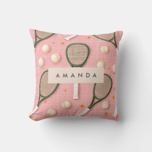 Monogram Personalized Retro Tennis Racket Pattern Throw Pillow
