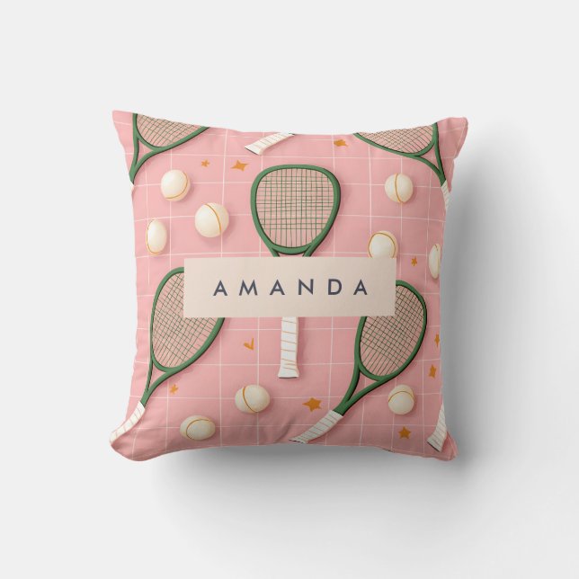 Monogram Personalized Retro Tennis Racket Pattern Throw Pillow (Front)