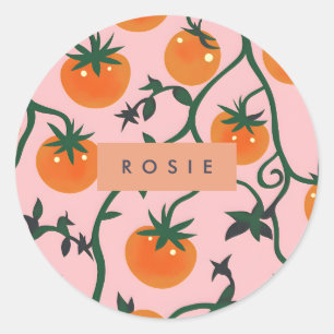 Monogram Personalized Retro Tomato Vine Pattern Classic Round Sticker