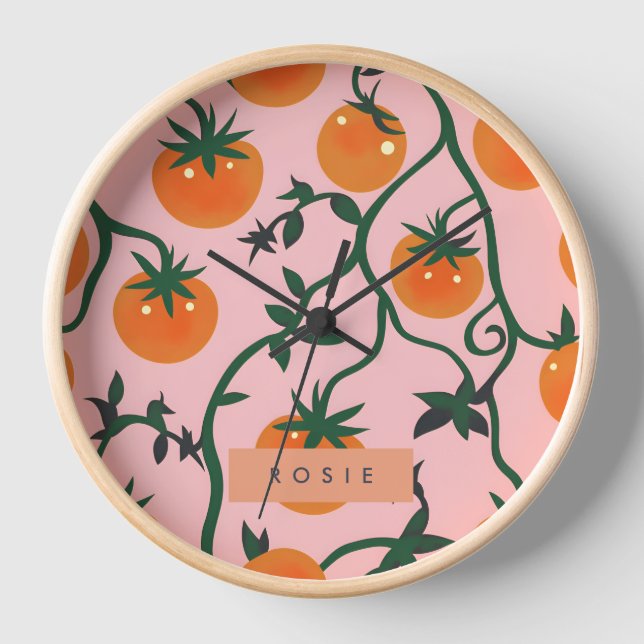 Monogram Personalized Retro Tomato Vine Pattern Clock (Front)