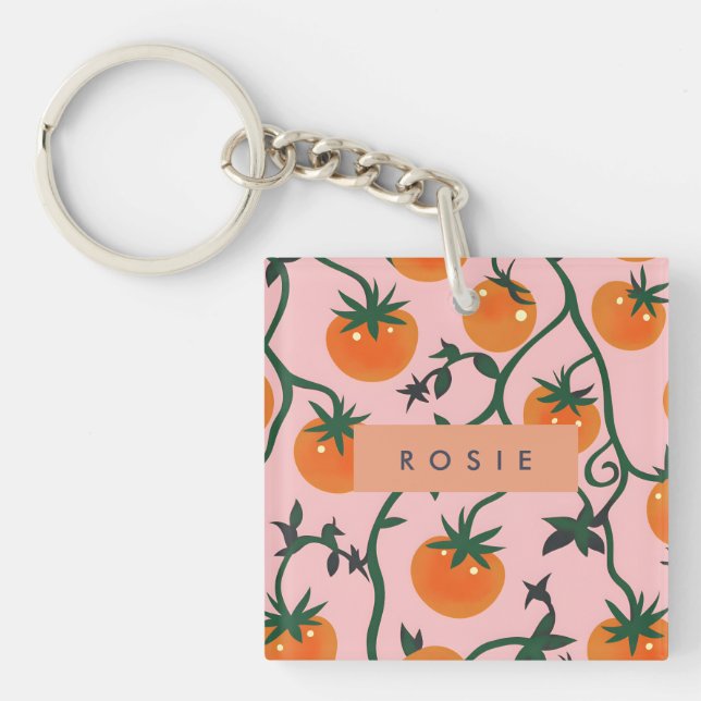 Monogram Personalized Retro Tomato Vine Pattern Keychain (Front)