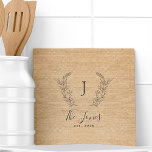 Monogram personalized rustic kitchen family name tile<br><div class="desc">Custom laurel monogrammed family name and established year elegant chic rustic country farmhouse style ochre beige burlap template tile.         A modern keepsake gift or kitchen decor for weddings,  anniversaries,  housewarmings,  Thanksgiving,  Christmas,  or any other occasion.</div>