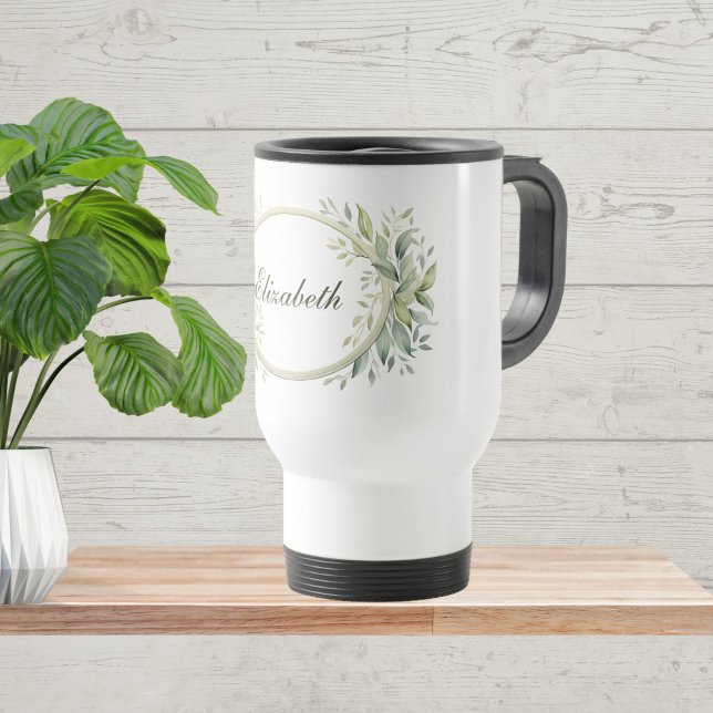 Monogram Personalized Sage Green Botanical  Travel Mug (Monogram Personalized Sage Green Botanical Greenery Travel Mug. Gift for her, Bridesmaid)