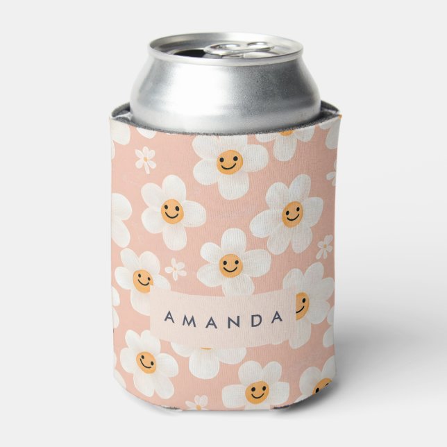 Monogram Personalized Smile Daisy Floral Pattern Can Cooler (Can Front)