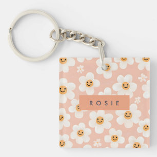 Monogram Personalized Smile Daisy Floral Pattern Keychain