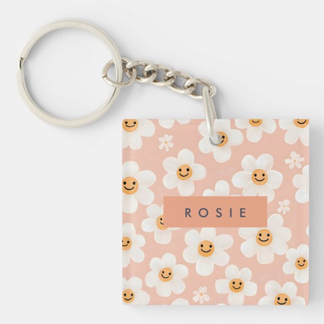 Monogram Personalized Smile Daisy Floral Pattern Keychain (Front)