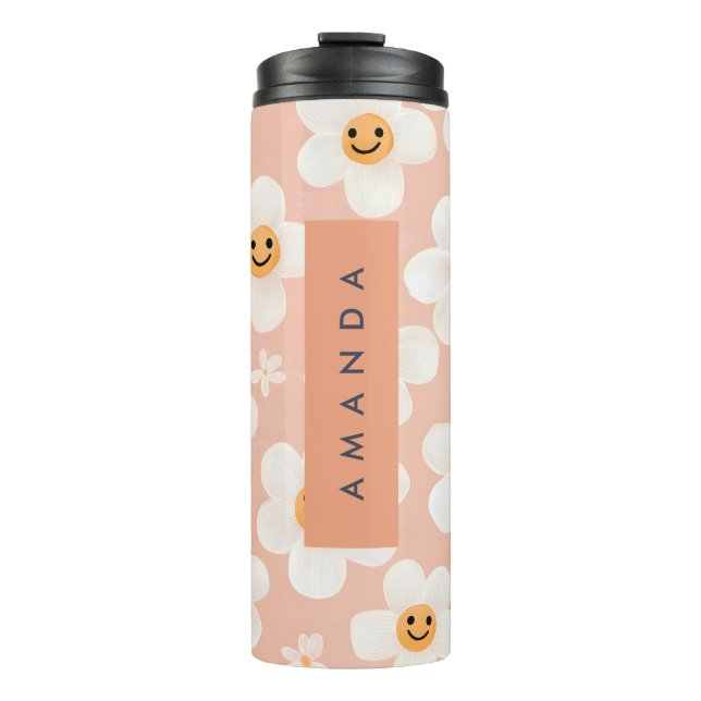 Monogram Personalized Smile Daisy Floral Pattern Thermal Tumbler (Front)