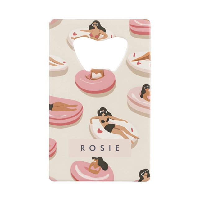 Monogram Personalized Summer Pool Float Pattern  Credit Card Bottle Opener (Front)