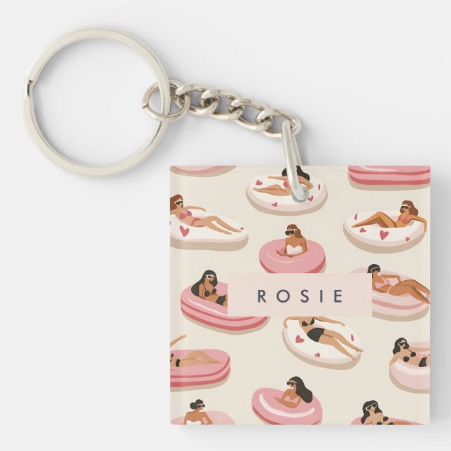 Monogram Personalized Summer Pool Float Pattern  Keychain (Front)