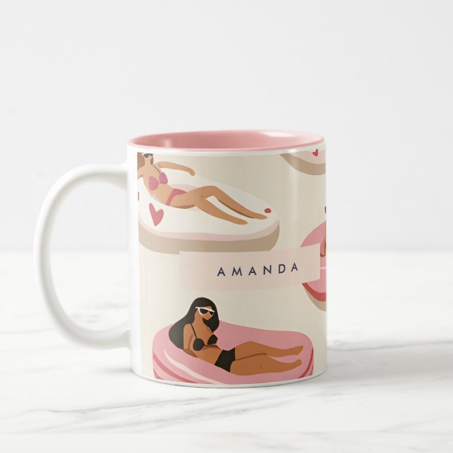 Monogram Personalized Summer Pool Float Pattern  Two-Tone Coffee Mug (Left)