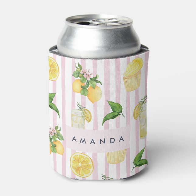 Monogram Personalized Watercolor Lemons Lemonade Can Cooler (Can Front)