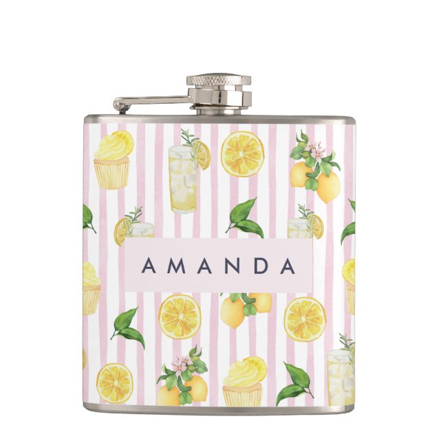 Monogram Personalized Watercolor Lemons Lemonade Hip Flask (Front)