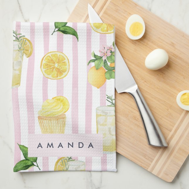 Monogram Personalized Watercolor Lemons Lemonade Kitchen Towel (Quarter Fold)