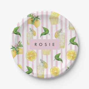 Monogram Personalized Watercolor Lemons Lemonade Paper Plate