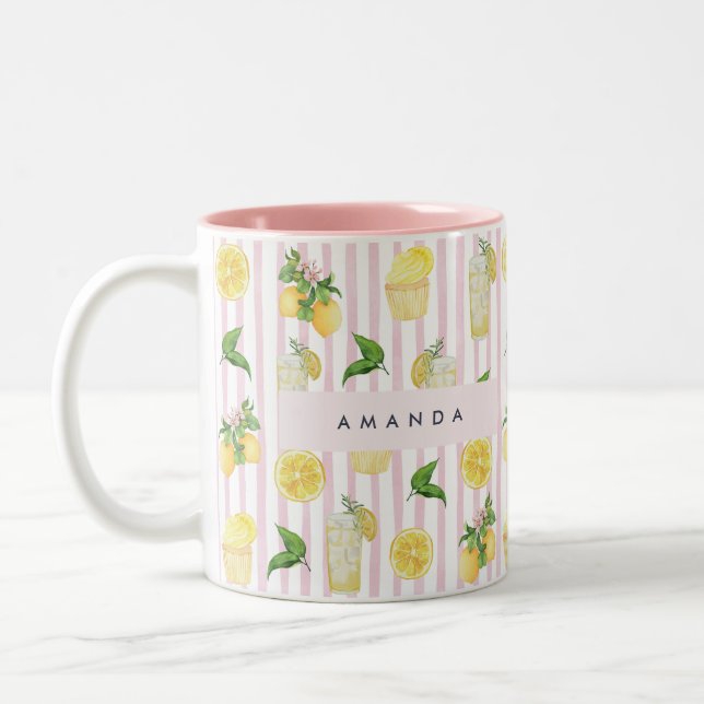 Monogram Personalized Watercolor Lemons Lemonade Two-Tone Coffee Mug (Left)