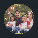 Monogram photo Calligraphy Handwritten Family Round Clock<br><div class="desc">This design was created through digital art. It may be personalized by clicking the customize button and changing the color, adding a name, initials or your favorite words. Contact me at colorflowcreations@gmail.com if you with to have this design on another product. Purchase my original abstract acrylic painting for sale at...</div>