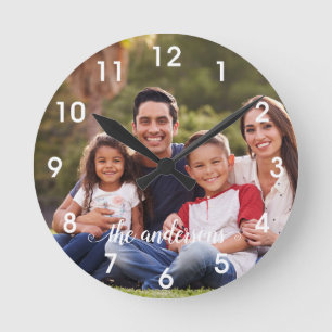 Monogram photo Calligraphy Handwritten Family Round Clock