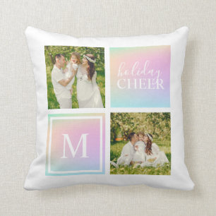 Monogram Photo Christmas Holiday Cheer Iridescent Throw Pillow