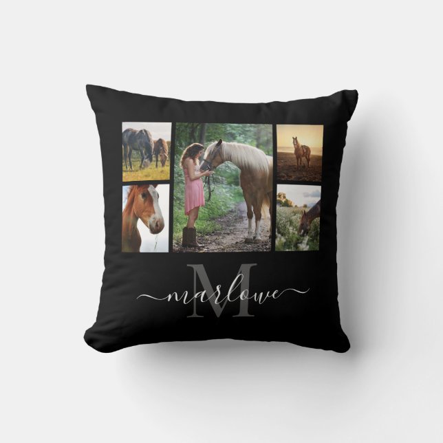Monogram Photo Collage Black Horse Girl Name Throw Pillow (Front)