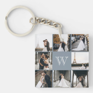 Monogram Photo Collage Dusty Blue Keychain