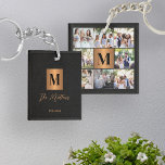 Monogram photo collage family keychain<br><div class="desc">Stylish modern monogrammed initial and signature script family name personalized custom 8 photo grid collage keepsake keychain featuring a faux metallic gold copper square with initial letter on a side and 8 photos on the backside over an elegant black leather like (PRINTED TEXTURE) background.</div>