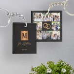 Monogram photo collage family keychain<br><div class="desc">Stylish modern monogrammed initial and signature script family name personalized custom 8 photo grid collage keepsake keychain featuring a faux metallic gold copper square with initial letter on a side and 8 photos with wedding rings on the backside over an elegant black leather like (PRINTED TEXTURE) background.</div>